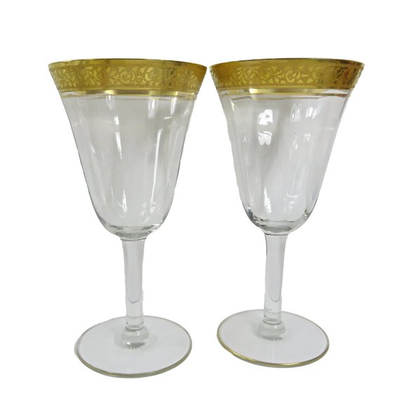 Vintage TWO (2) Tiffin? Minton? Gold Encrusted Band Clear Smooth 6.75" Glasses - Picture 13 of 15